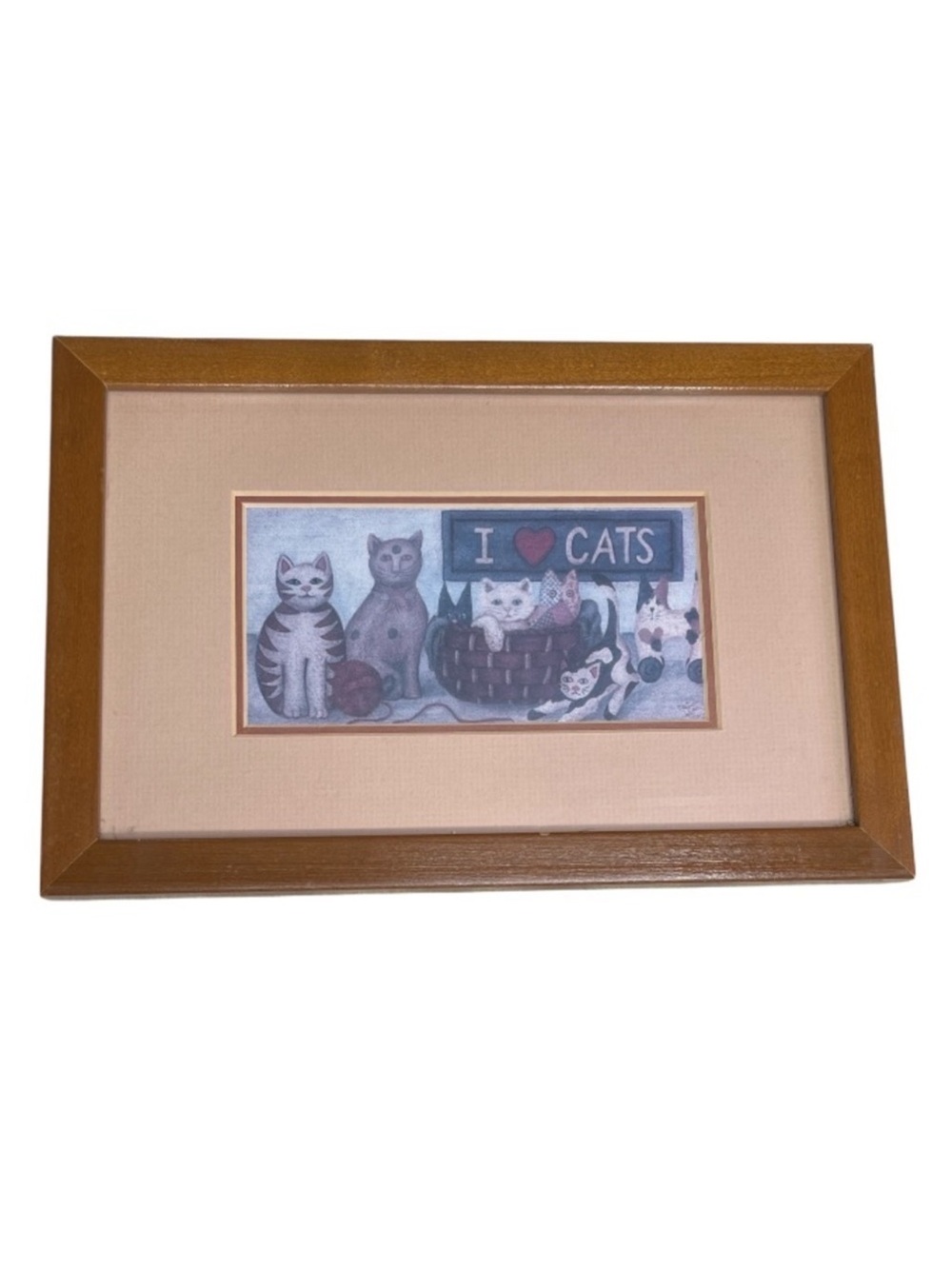 Vintage 90s Folk Art Style Cat Art Print I Love Cats Tan Brown Real Wood Frame